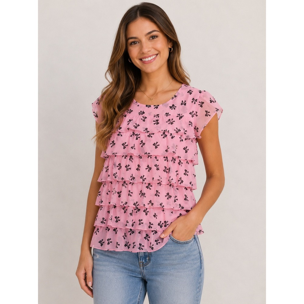 George Pink Ruffle Blouse Floral Chiffon Coquette Balletcore Romantic Tiered Top